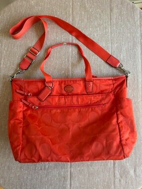 Coach Coral Orange Signature Nylon Diaper Bag Travel Tote Crossbody F77577 As Is